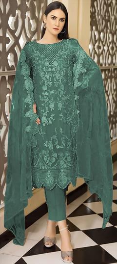 Festive, Party Wear, Reception Green color Salwar Kameez in Georgette fabric with Pakistani, Straight Embroidered, Sequence, Thread work : 1925965