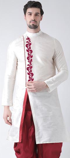Party Wear White and Off White color Kurta in Dupion Silk fabric with Embroidered, Thread work : 1925973