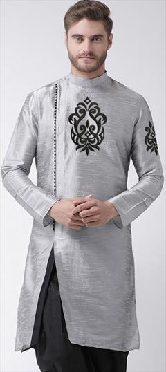 Party Wear Black and Grey color Kurta in Dupion Silk fabric with Embroidered, Thread work : 1925975