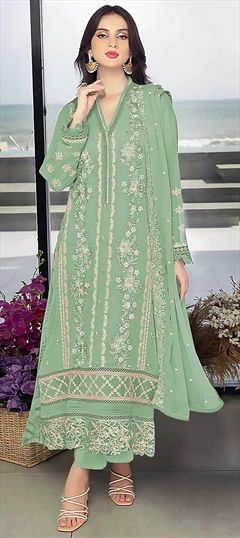 Festive, Party Wear, Reception Green color Salwar Kameez in Georgette fabric with Pakistani, Straight Appliques, Embroidered, Sequence, Thread work : 1925989