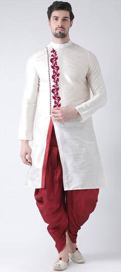 Party Wear White and Off White color Dhoti Kurta in Dupion Silk fabric with Embroidered, Thread work : 1925996