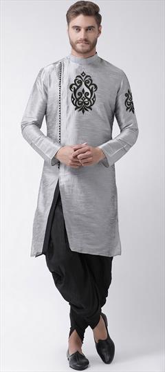 Party Wear Black and Grey color Dhoti Kurta in Dupion Silk fabric with Embroidered, Thread work : 1926001
