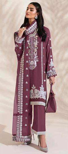 Festive, Party Wear, Reception Red and Maroon color Salwar Kameez in Faux Georgette fabric with Pakistani, Palazzo, Straight Embroidered, Sequence, Thread work : 1926013