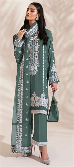 Festive, Party Wear, Reception Green color Salwar Kameez in Faux Georgette fabric with Pakistani, Palazzo, Straight Embroidered, Sequence, Thread work : 1926014
