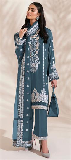 Festive, Party Wear, Reception Blue color Salwar Kameez in Faux Georgette fabric with Pakistani, Palazzo, Straight Appliques, Embroidered, Sequence, Thread work : 1926016