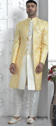 Party Wear Yellow color IndoWestern Dress in Jacquard fabric with Weaving work : 1926022