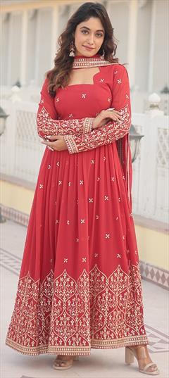 Festive, Party Wear Red and Maroon color Gown in Faux Georgette fabric with Embroidered, Sequence, Thread work : 1926033