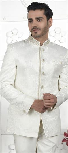 Party Wear White and Off White color Nehru Jacket in Jacquard fabric with Embroidered, Weaving work : 1926067