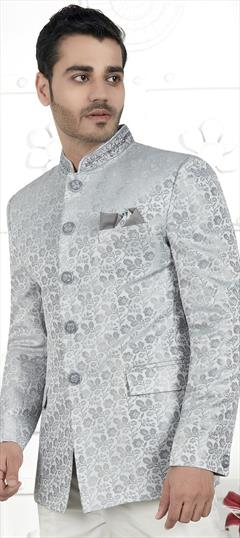 Party Wear Black and Grey color Nehru Jacket in Jacquard fabric with Embroidered, Weaving work : 1926072