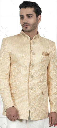 Party Wear Beige and Brown color Nehru Jacket in Jacquard fabric with Embroidered, Weaving work : 1926073