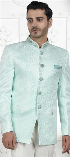 Party Wear Green color Nehru Jacket in Jacquard fabric with Embroidered, Weaving work : 1926074
