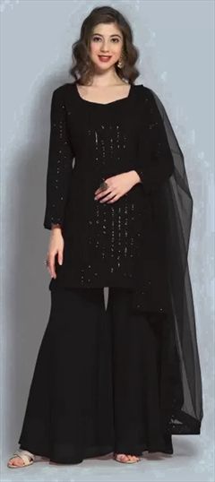 Festive, Party Wear Black and Grey color Salwar Kameez in Georgette fabric with Palazzo, Straight Sequence, Thread work : 1926094