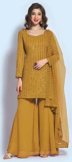 Festive, Party Wear Yellow color Salwar Kameez in Georgette fabric with Palazzo, Straight Sequence, Thread work : 1926097