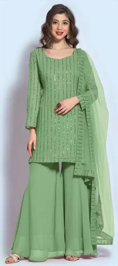 Festive, Party Wear Green color Salwar Kameez in Georgette fabric with Palazzo, Straight Sequence, Thread work : 1926098