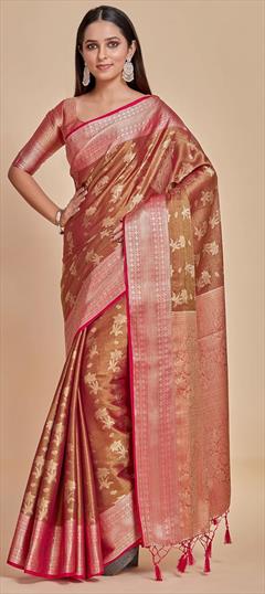 Bridal, Engagement, Wedding Beige and Brown color Saree in Kanjeevaram Silk fabric with South Thread, Weaving, Zari work : 1926103