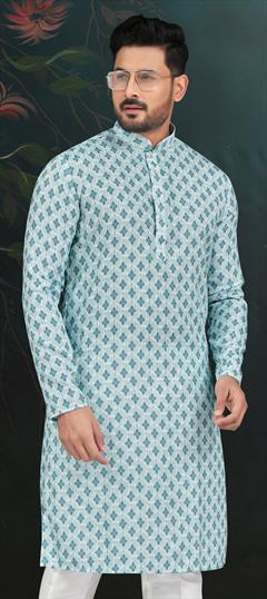 Party Wear Blue color Kurta in Rayon fabric with Digital Print, Embroidered, Thread work : 1926107