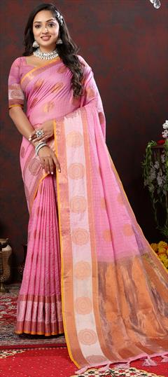Party Wear, Traditional Pink and Majenta color Saree in Cotton fabric with Bengali Weaving, Zari work : 1926133