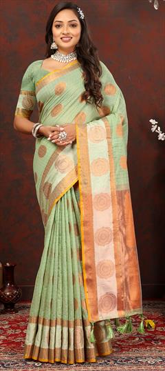 Party Wear, Traditional Green color Saree in Cotton fabric with Bengali Weaving, Zari work : 1926134
