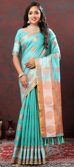 Party Wear, Traditional Blue color Saree in Cotton fabric with Bengali Weaving, Zari work : 1926136