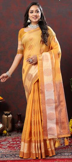 Party Wear, Traditional Yellow color Saree in Cotton fabric with Bengali Weaving, Zari work : 1926137