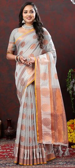 Party Wear, Traditional Black and Grey color Saree in Cotton fabric with Bengali Weaving, Zari work : 1926139