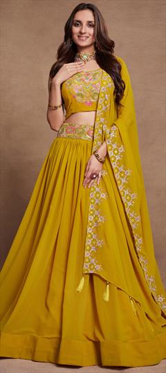 Mehendi Sangeet, Reception, Wedding Yellow color Lehenga in Georgette fabric with Flared Embroidered, Sequence, Thread work : 1926160