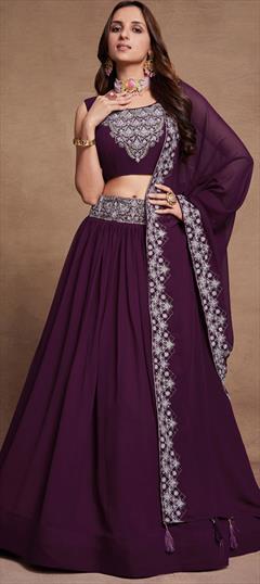 Mehendi Sangeet, Reception, Wedding Purple and Violet color Lehenga in Georgette fabric with Flared Embroidered, Sequence, Thread work : 1926161