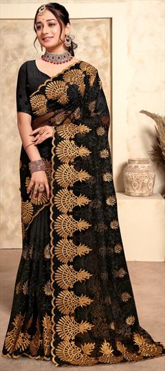 Reception, Traditional, Wedding Black and Grey color Saree in Net fabric with Classic Embroidered, Resham, Stone, Thread, Zari work : 1926163