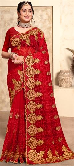 Reception, Traditional, Wedding Red and Maroon color Saree in Net fabric with Classic Embroidered, Resham, Stone, Thread, Zari work : 1926165
