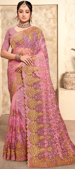 Reception, Traditional, Wedding Pink and Majenta color Saree in Net fabric with Classic Embroidered, Resham, Stone, Thread, Zari work : 1926167