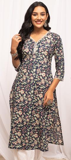 Casual Blue color Kurti in Cotton fabric with Long, Straight Floral, Printed work : 1926223