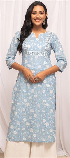Casual Blue color Kurti in Cotton fabric with Long, Straight Floral, Printed work : 1926224