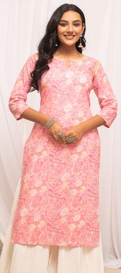 Casual Pink and Majenta color Kurti in Cotton fabric with Long, Straight Floral, Printed work : 1926225