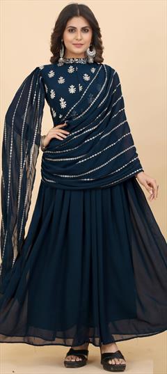 Engagement, Festive, Wedding Blue color Salwar Kameez in Georgette fabric with Anarkali Embroidered, Sequence, Thread work : 1926243