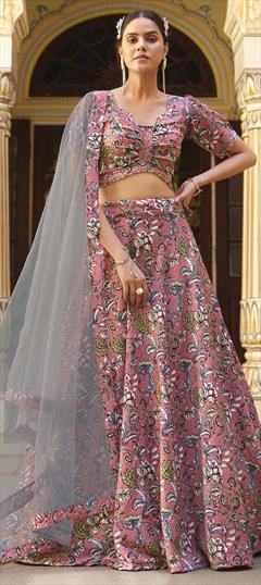 Festive, Mehendi Sangeet, Party Wear Pink and Majenta color Lehenga in Silk fabric with A Line Floral, Printed work : 1926253