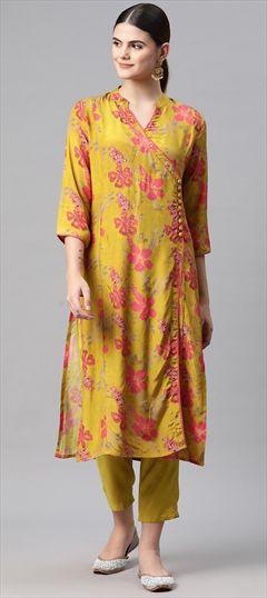 Festive, Summer Gold color Salwar Kameez in Muslin fabric with Straight Printed, Sequence work : 1926259