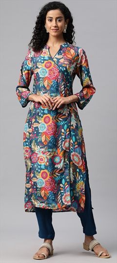 Festive, Summer Blue color Salwar Kameez in Rayon fabric with Straight Printed, Sequence work : 1926260