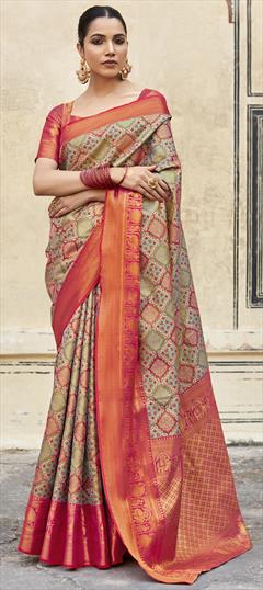Party Wear, Traditional Black and Grey, Orange color Saree in Banarasi Silk fabric with South Weaving, Zari work : 1926292