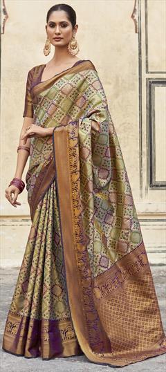 Party Wear, Traditional Beige and Brown, Green color Saree in Banarasi Silk fabric with South Weaving, Zari work : 1926294