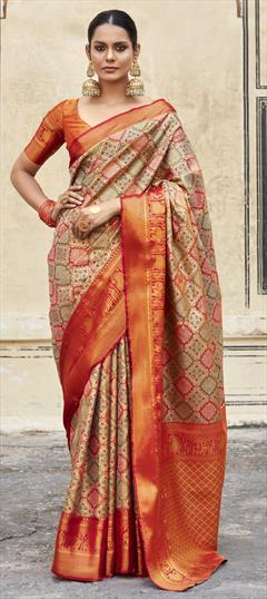 Party Wear, Traditional Orange color Saree in Banarasi Silk fabric with South Weaving, Zari work : 1926295
