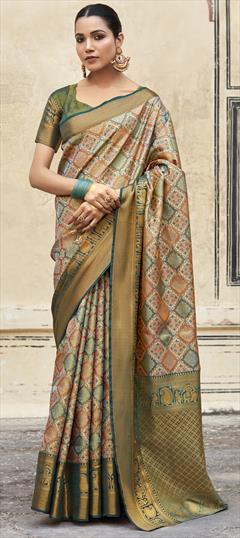 Party Wear, Traditional Beige and Brown, Green color Saree in Banarasi Silk fabric with South Weaving, Zari work : 1926297