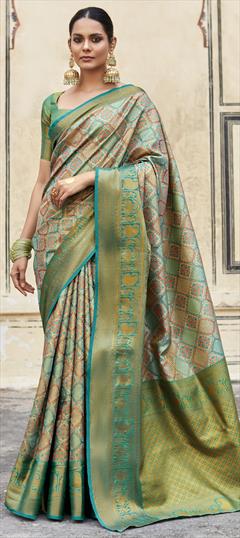 Party Wear, Traditional Blue, Green color Saree in Banarasi Silk fabric with South Weaving, Zari work : 1926298