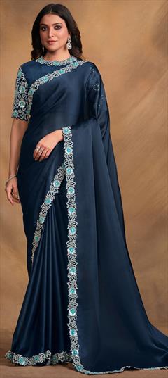 Bridal, Traditional, Wedding Blue color Saree in Satin Silk fabric with South Embroidered, Moti, Sequence, Stone, Thread work : 1926303
