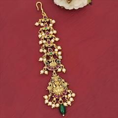 Green, Red and Maroon color Mang Tikka in Metal Alloy studded with CZ Diamond, Pearl & Gold Rodium Polish : 1926331