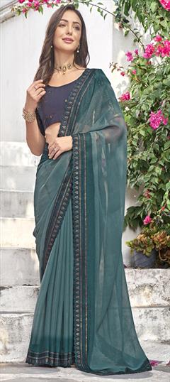 Festive, Party Wear Green color Saree in Shimmer fabric with Classic Border, Embroidered, Thread work : 1926357