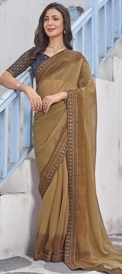 Festive, Party Wear Beige and Brown color Saree in Shimmer fabric with Classic Border, Embroidered, Thread work : 1926360