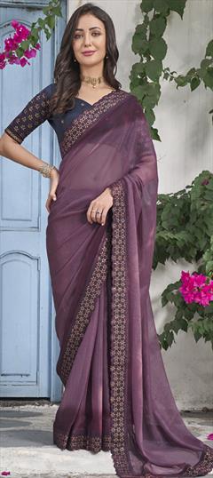Festive, Party Wear Purple and Violet color Saree in Shimmer fabric with Classic Border, Embroidered, Thread work : 1926361