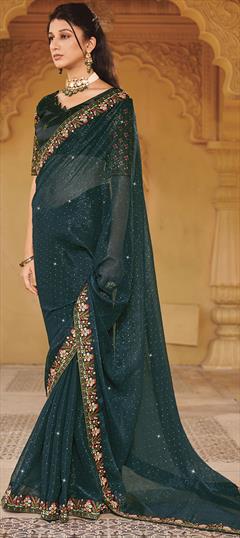 Festive, Party Wear, Reception Green color Saree in Shimmer fabric with Classic Embroidered, Swarovski, Thread work : 1926363