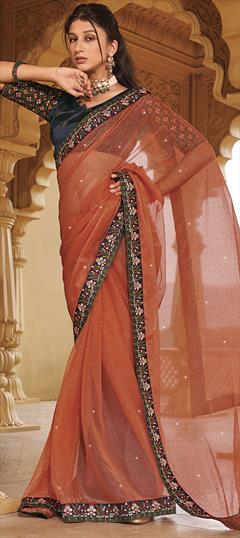 Festive, Party Wear, Reception Orange color Saree in Shimmer fabric with Classic Embroidered, Swarovski, Thread work : 1926365