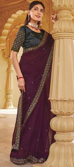 Festive, Party Wear, Reception Purple and Violet color Saree in Shimmer fabric with Classic Embroidered, Swarovski, Thread work : 1926366